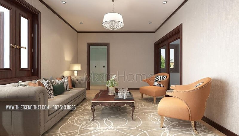 Thiết kế nội thất sofa khung gỗ tự nhiên nhập khẩu bọc vải màu sữa kết hợp chiếc bàn trà bằng gỗ tự nhiên mài nâu socola, cùng với 2 chiếc ghế nghỉ màu cam tạo sự sinh động mà không bị chật chội. Mẫu sofa gỗ tự nhiên, gỗ óc chó đẹp