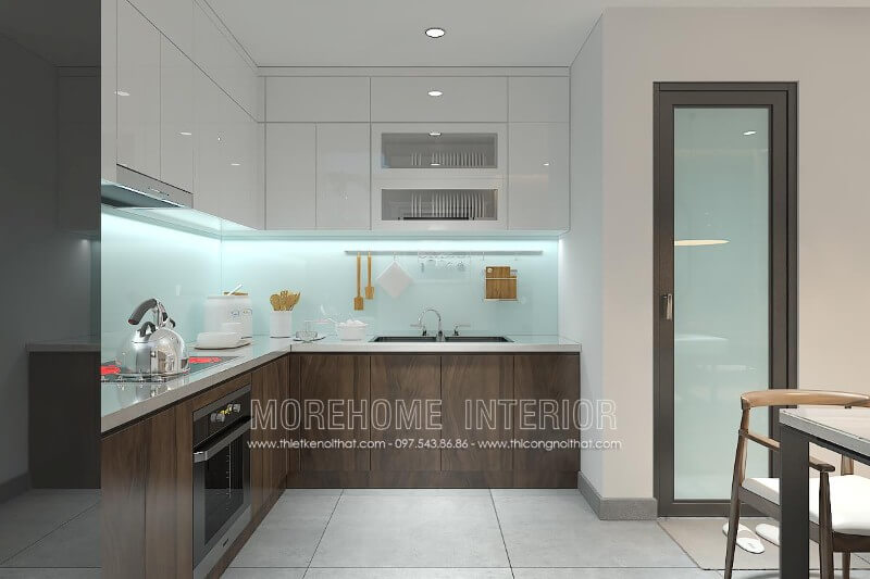 Mẫu tủ bếp chữ L ấn tượng được gia chủ lựa chọn vừa tiết kiệm vừa mang lại sự sang trọng, vừa tiết kiệm được tối đa diện tích cho không gian thêm rống và thoáng hơn Tủ bếp hiện đại đẹp