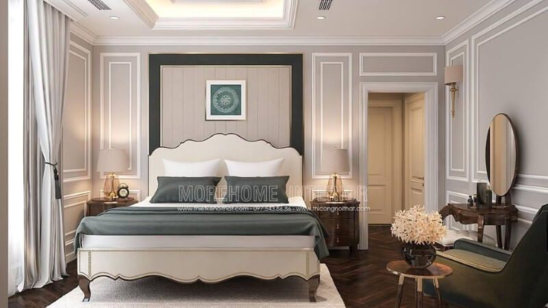 Bố trí nội thất phòng ngủ tân cổ điển sang trọng, quý phái.