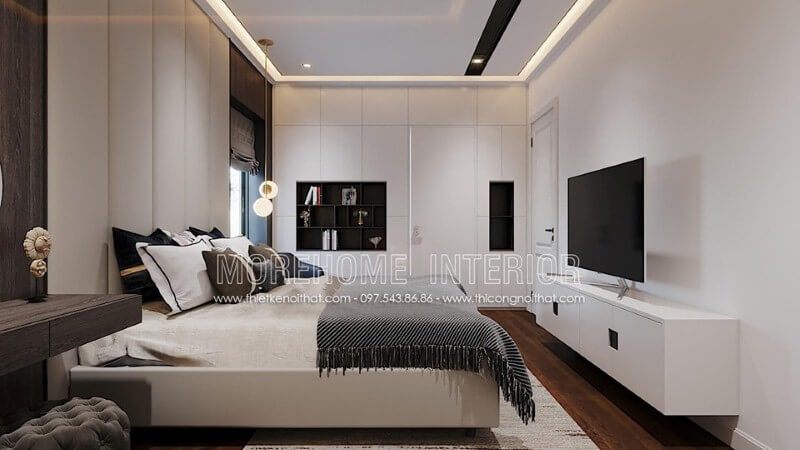 Thiết kế phòng ngủ hiện đại ấn tượng với nội thất gỗ An Cường sơn trắng đẹp, sang trọng.