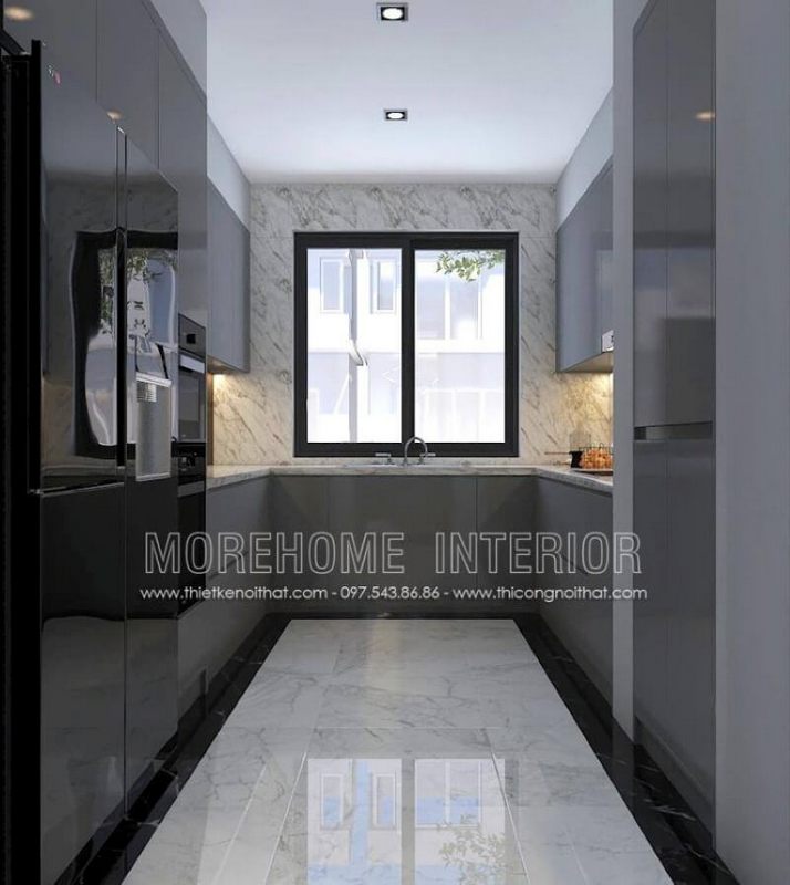 Với không gian bếp không được lớn, bạn nên thiết kế nội thất với tủ bếp hình chữ U hiện đại gỗ acrylic trong đây với một bên bố trí tủ lạnh, lò vi sóng, lò nướng một bên là bếp từ nấu và tủ bếp đựng bát đĩa, xoong nồi cần thiết và ở giữa là chậu rửa là một trong những gợi ý giúp không gian bếp được phát huy tối đa công năng.