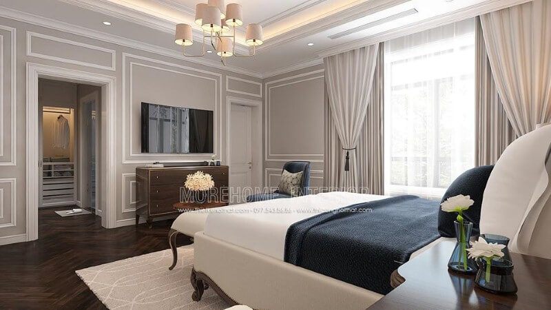 Để tạo ra một phòng ngủ có phong cách tân cổ điển, tủ quần áo được đặt đối diện với giường ngủ theo luật phong thủy và khoa học.