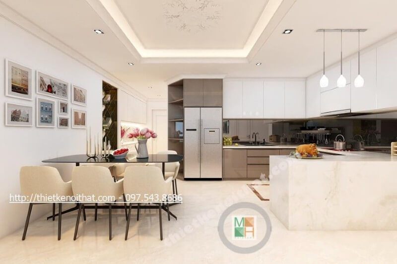 Không gian nội thất phòng bếp của căn hộ là màu trắng sáng, trong khi màu đen cao cấp của kính ốp bếp là điểm nhấn ấn tượng của cả căn phòng.