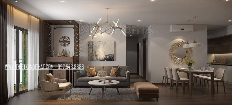 và bộ bàn ghế ăn
Sự kết hợp giữa mẫu sofa văng bằng nỉ, đôn sofa, bàn trà hiện đại và bộ bàn ghế ăn giúp thiết kế nội thất phòng khách hiện đại.