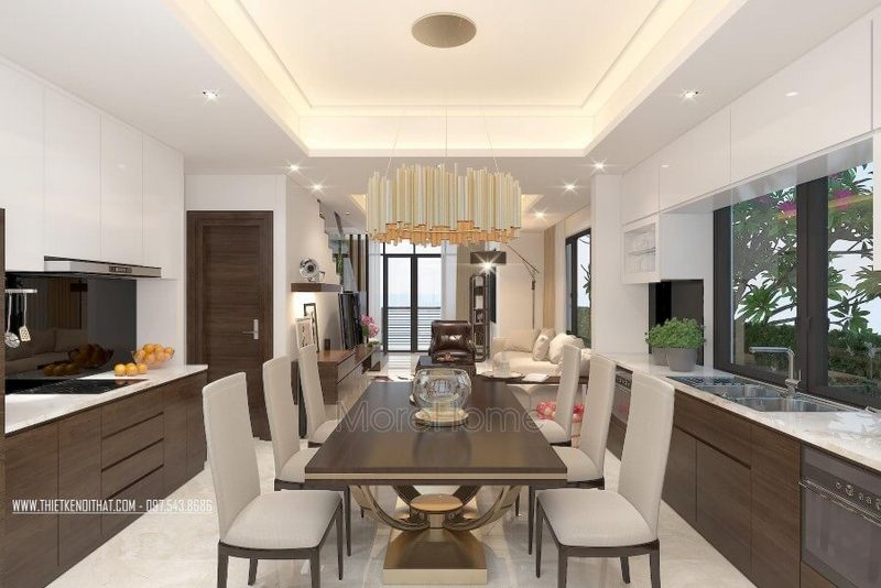Phòng ăn được trang bị mẫu trần thạch cao giật cấp, tạo nên sự sang trọng và đẹp mắt.