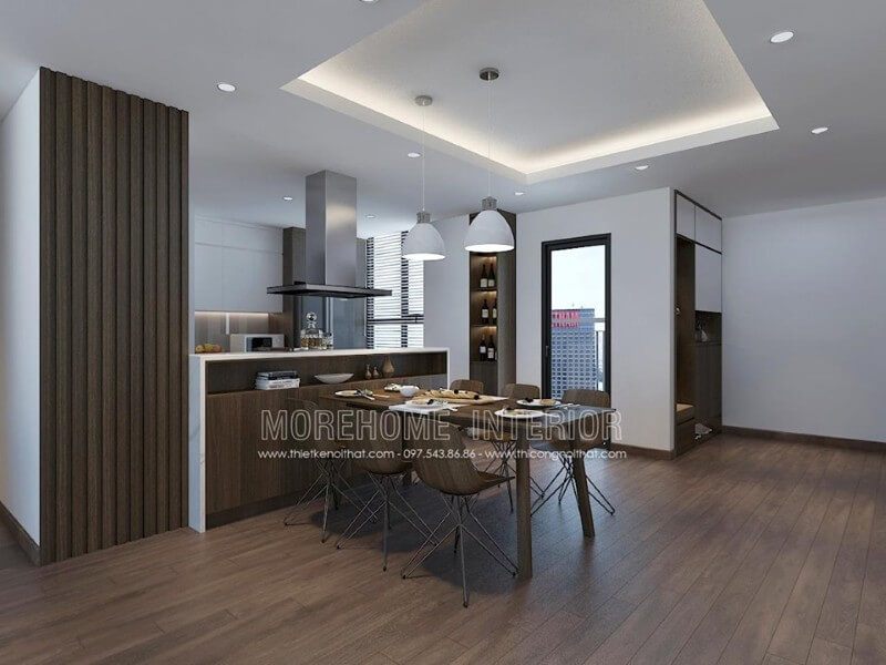 Khu vực ăn uống kết nối trực tiếp với phòng khách, giúp tạo ra một không gian rộng rãi và thoải mái cho căn hộ chung cư.