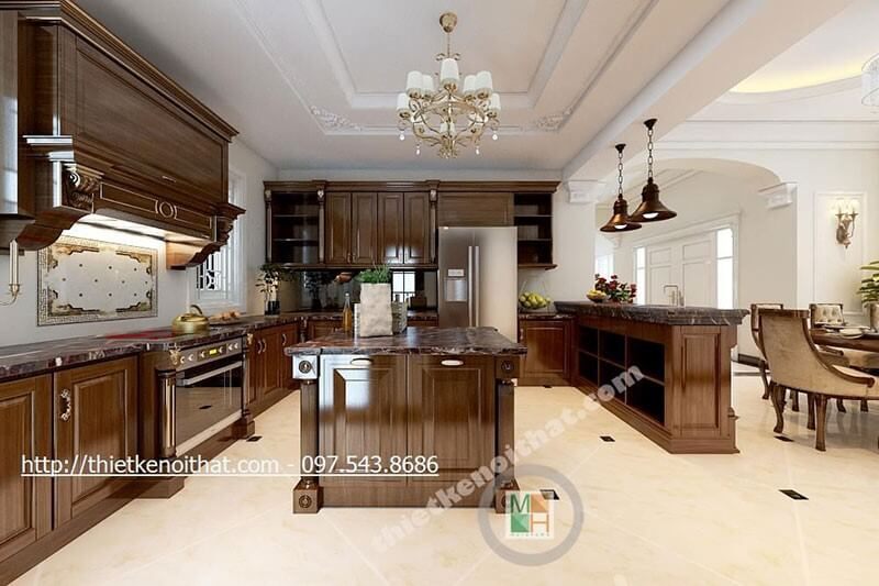 Biệt thự gỗ hương phong cách tân cổ điển sang trọng sẽ được thiết kế phòng bếp với không gian nấu nướng tiện nghi, giúp cho người nội trợ có trải nghiệm tuyệt vời.